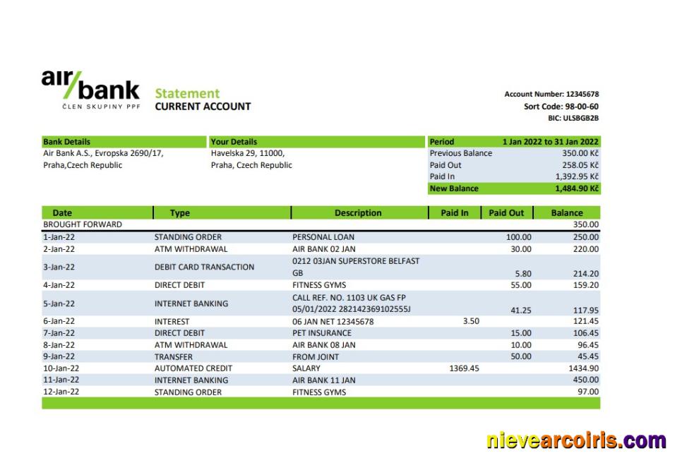 Czechia Air bank statement xls